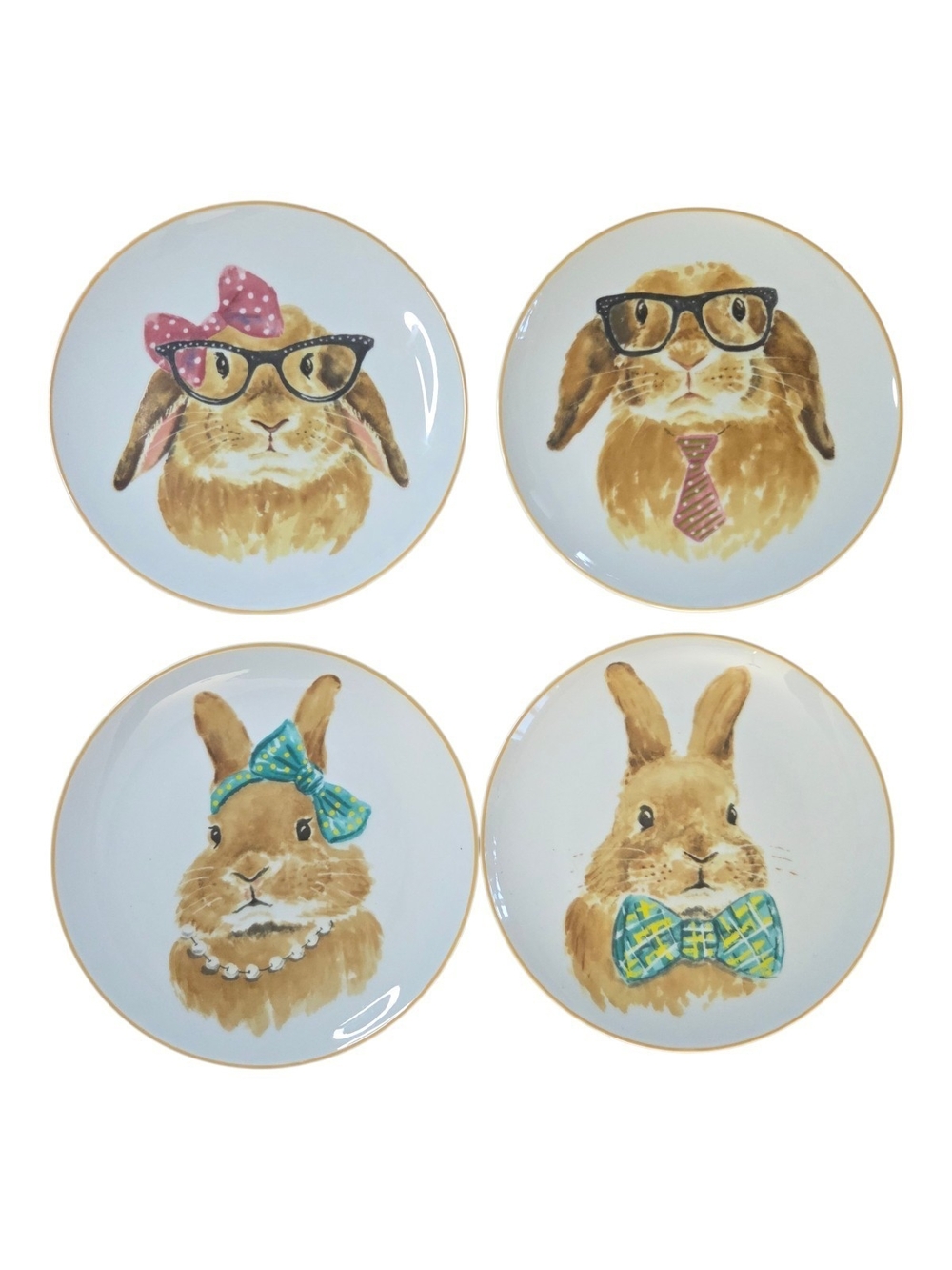 Pier 1 Imports Porcelain dish "Hipster Bunny" Set Of 4 Plates